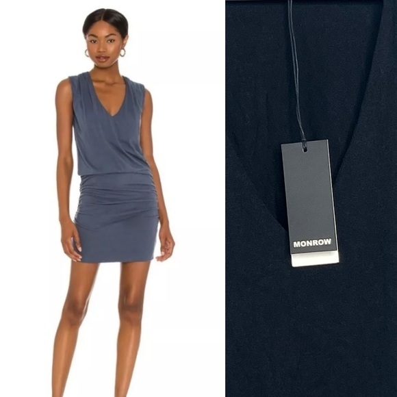 MONROW x Revolve Tucked Shoulder Shirred Dress, Black, size XS NWT - Picture 1 of 5